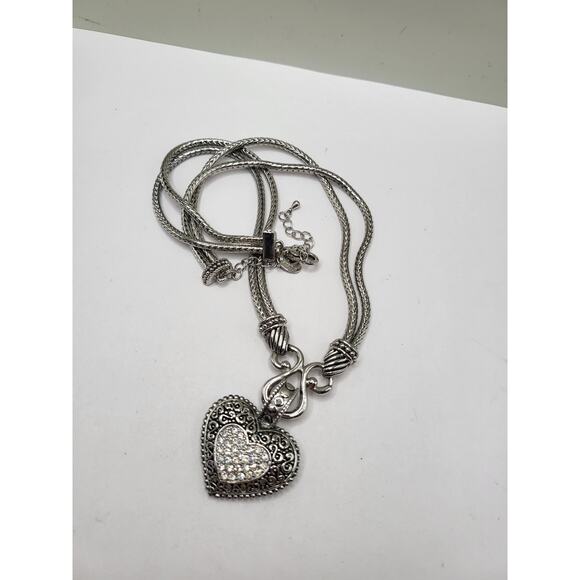 Lia Sophia Heart Pendant Necklace Silver Tone Rhinestone Double Braided Chain - Picture 3 of 9